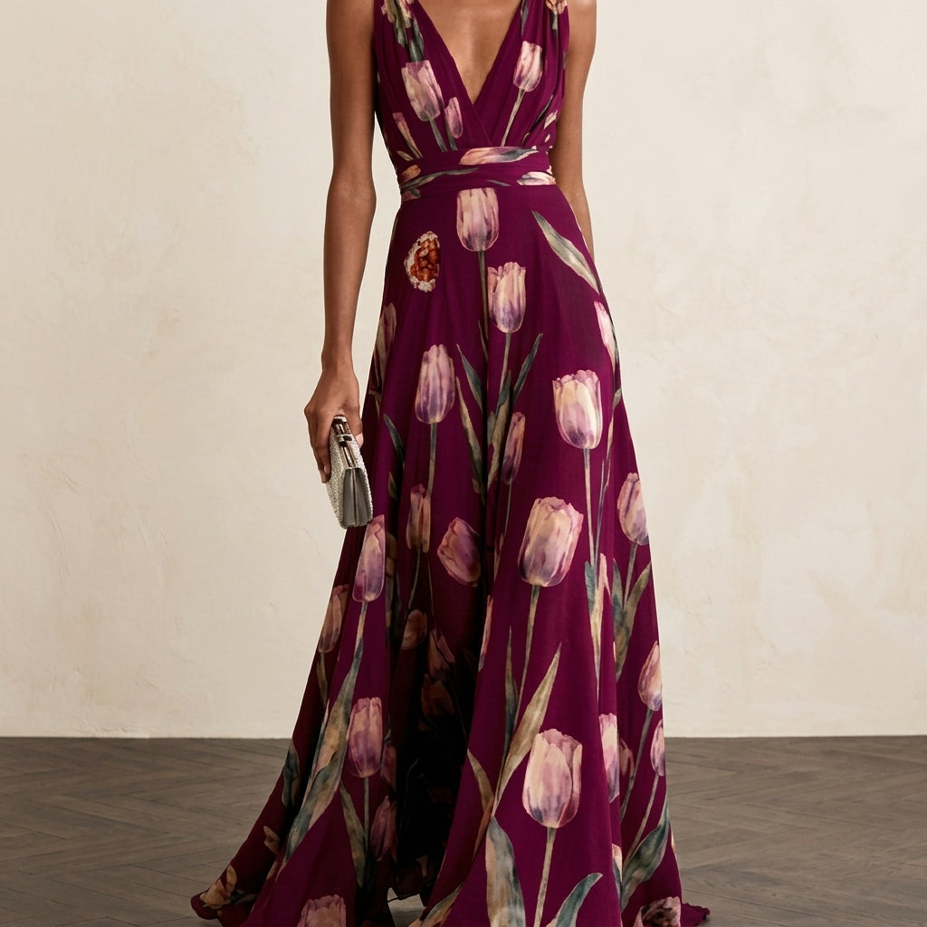 Luciana Women's Floral V Neck Maxi Dress