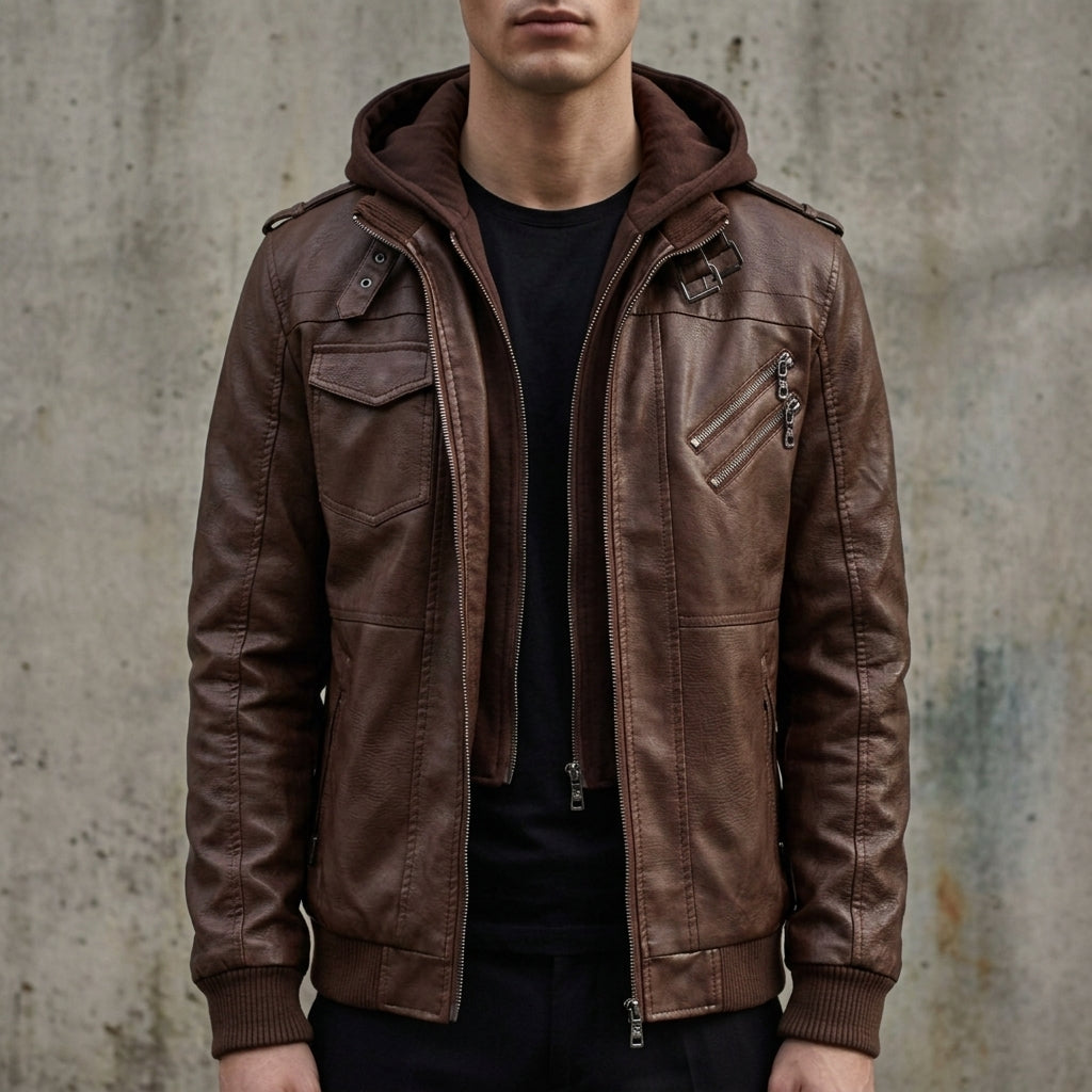 Sagres Hooded Leather Bomber Jacket