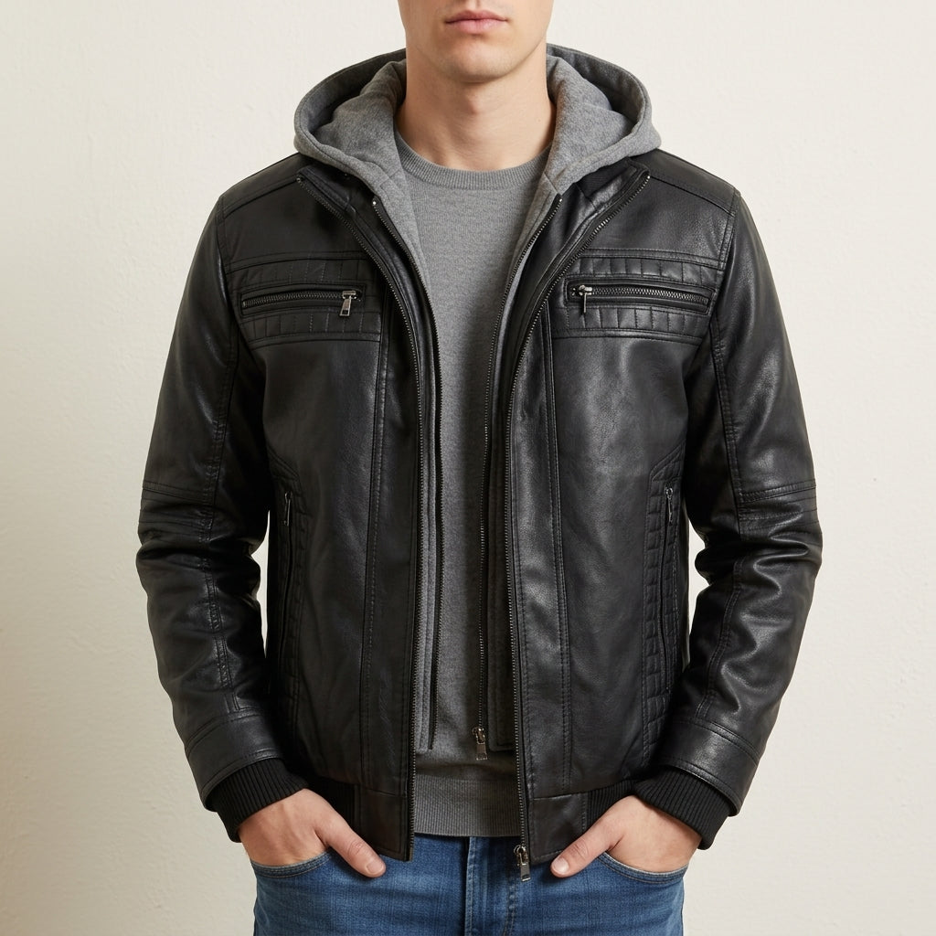 Astypalaia Hooded Faux Leather Bomber