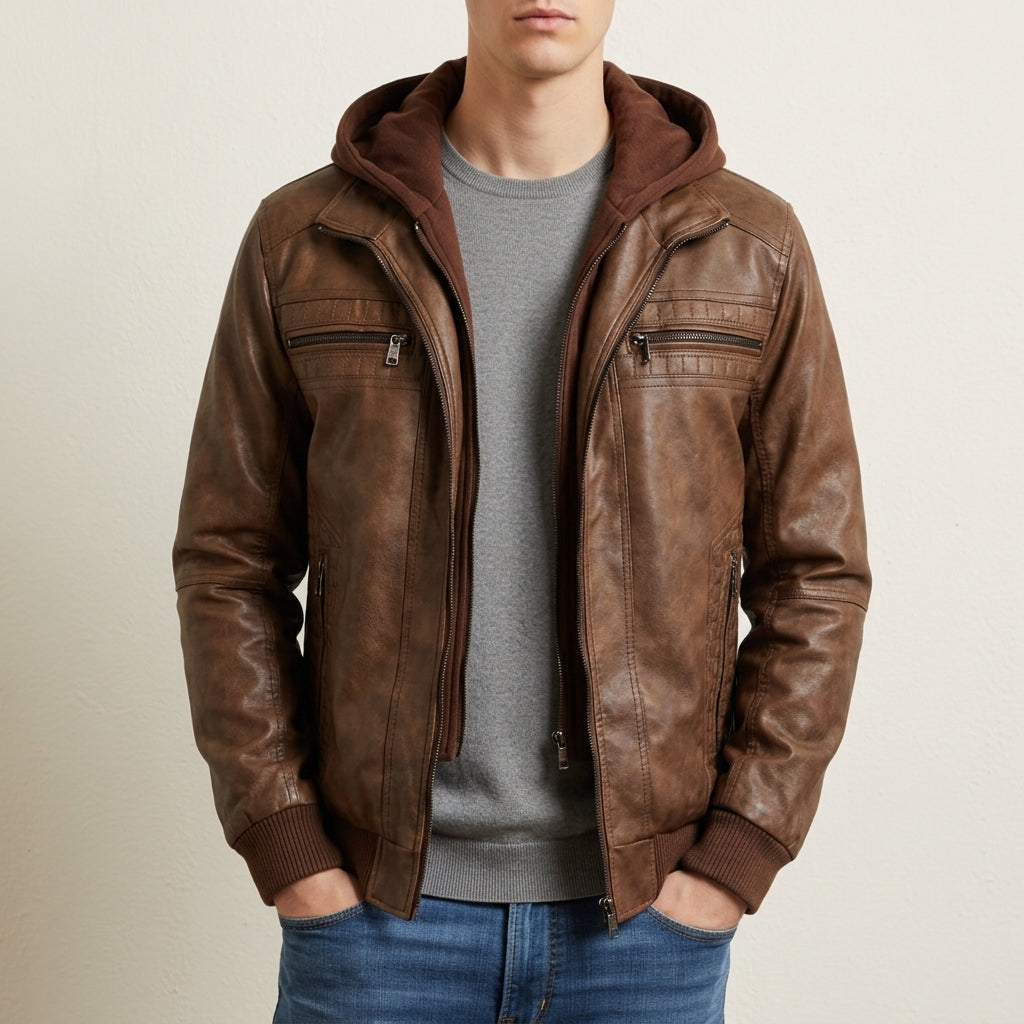 Astypalaia Hooded Faux Leather Bomber