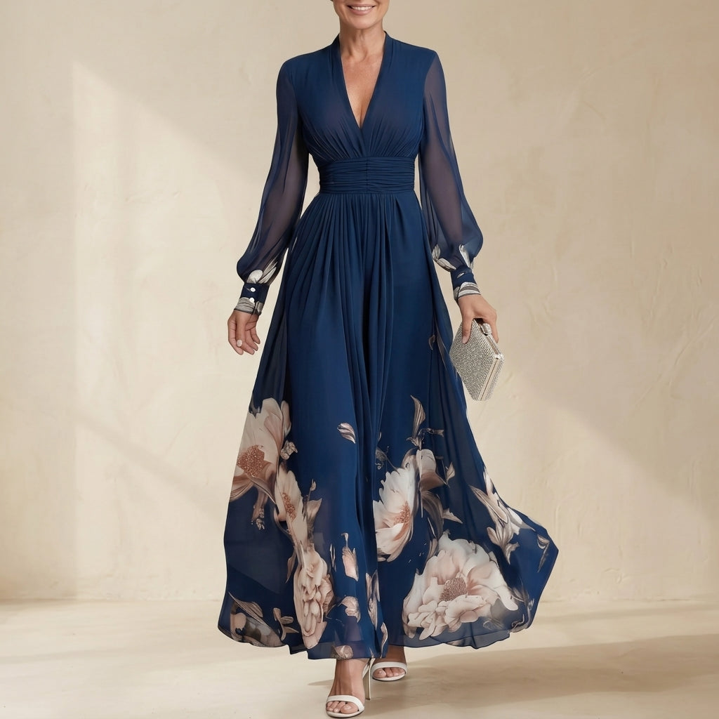 Mariella Pleated Sheer Sleeves Maxi Dress