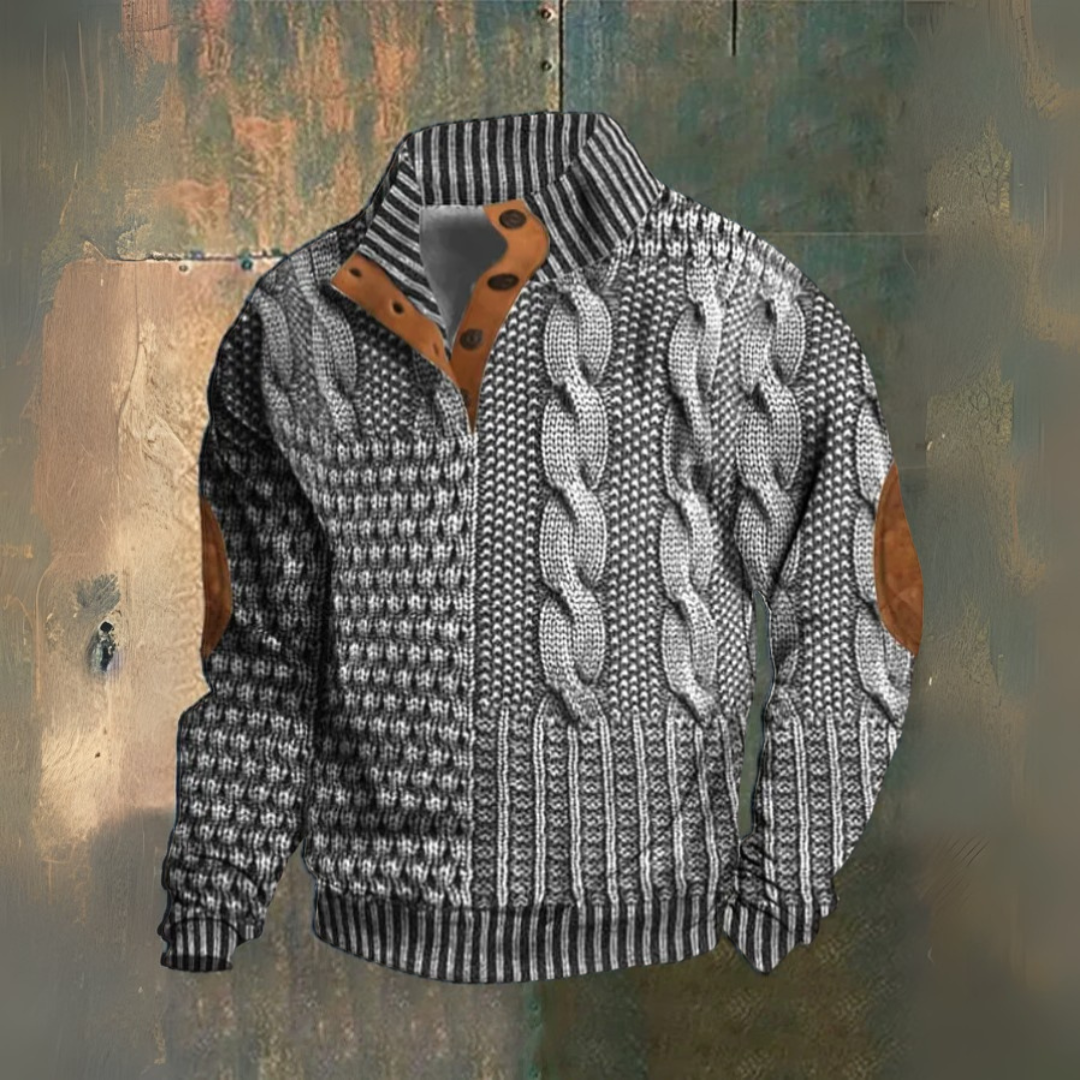 Men's Textured Cable Knit Sweater, High Neck, Button Placket