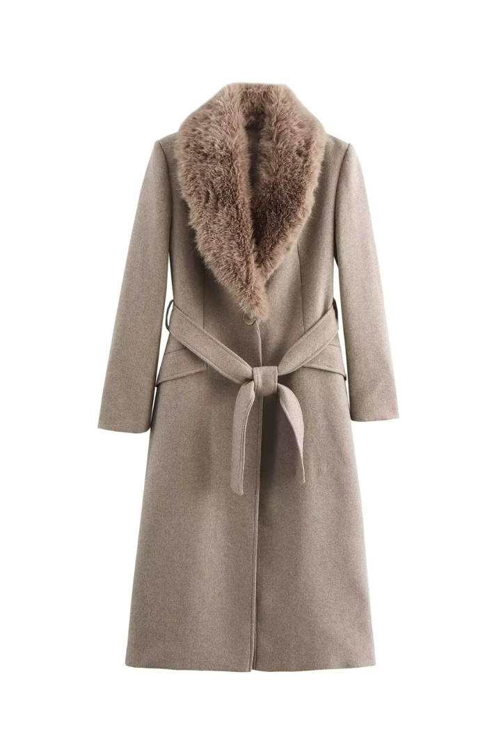 Lidia Faux Fur Collar Belted Wool Coat