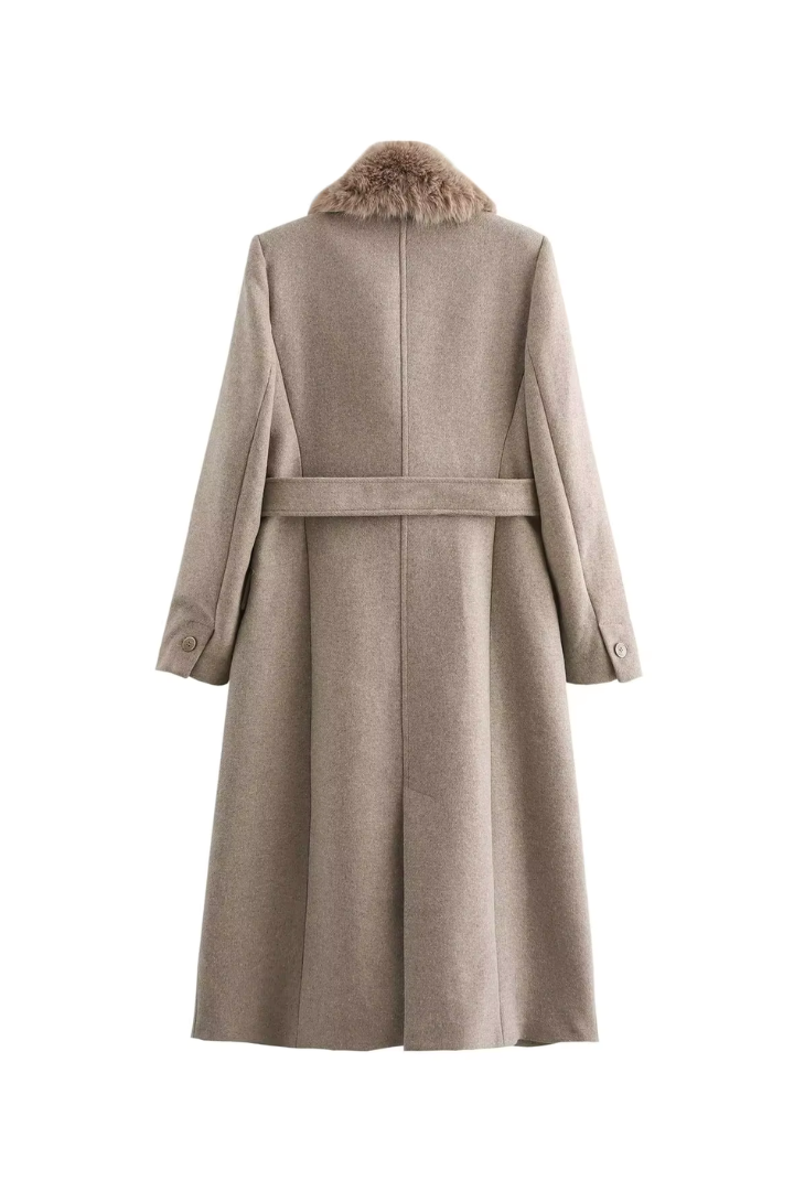 Lidia Faux Fur Collar Belted Wool Coat