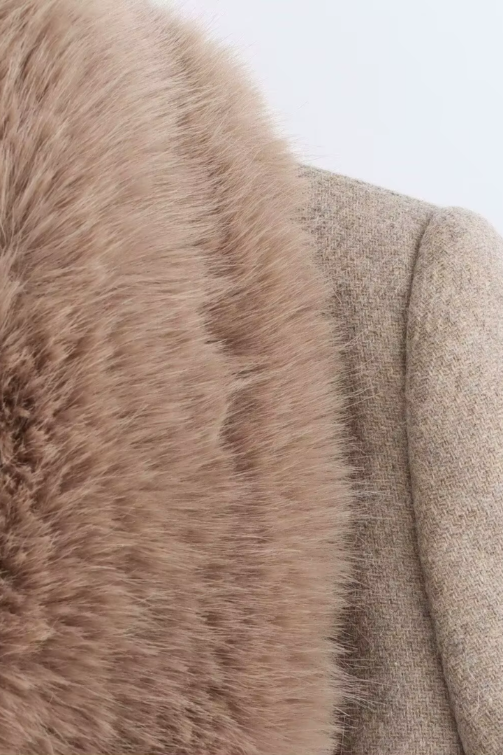 Lidia Faux Fur Collar Belted Wool Coat