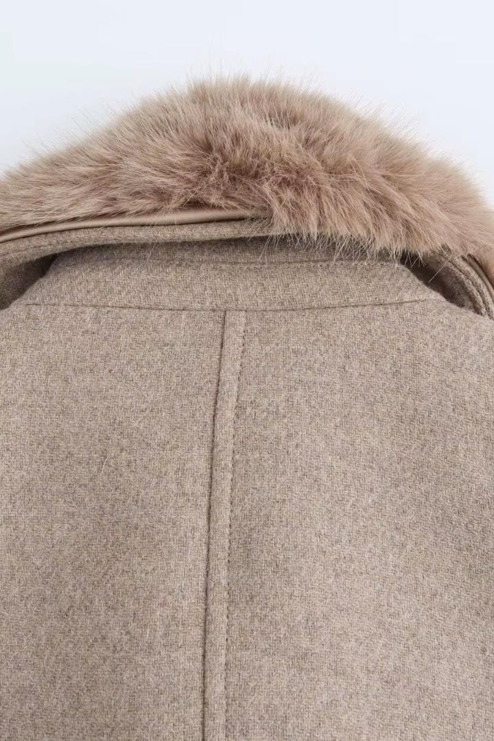 Lidia Faux Fur Collar Belted Wool Coat