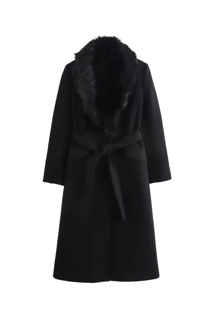 Lidia Faux Fur Collar Belted Wool Coat