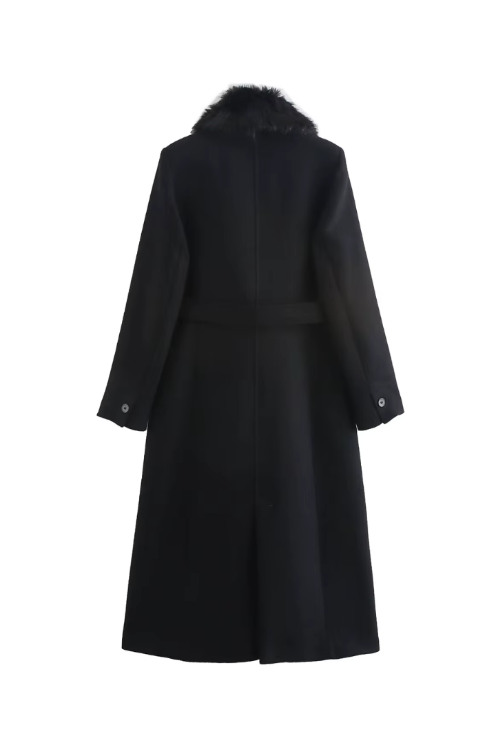 Lidia Faux Fur Collar Belted Wool Coat