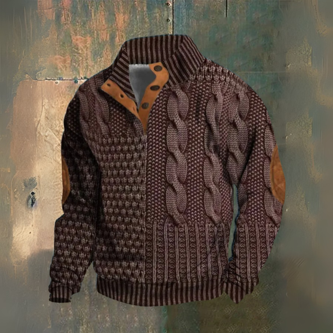 Men's Textured Cable Knit Sweater, High Neck, Button Placket