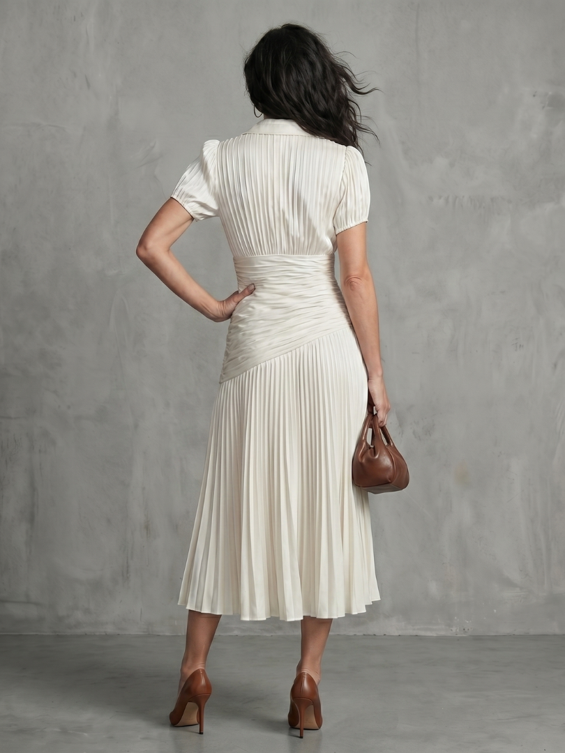Theodora | Striped Midi Dress with Pleated Waist™