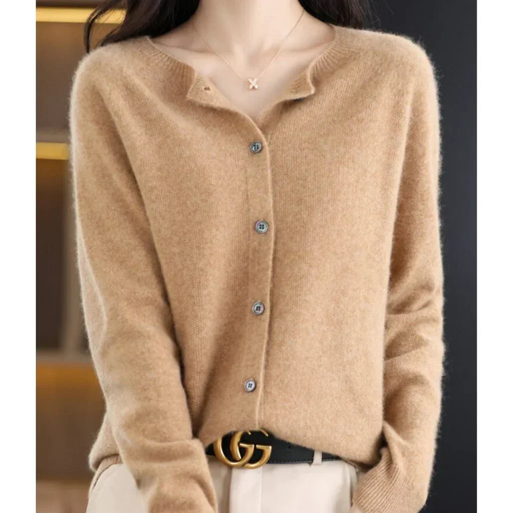 Women's Round Neck Button Cardigan – Classic Long Sleeve Cardigan
