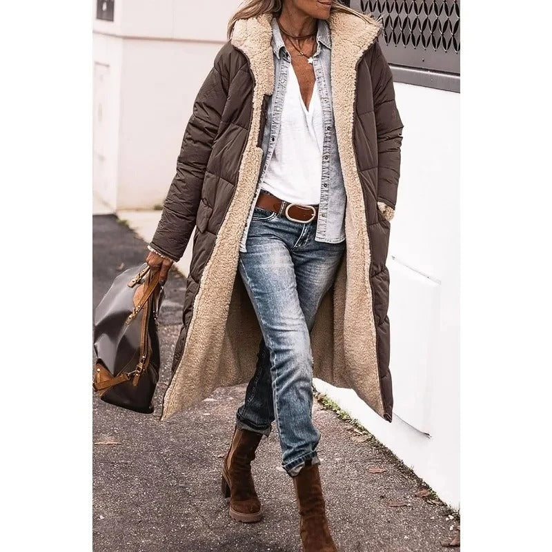 Angela | Womens Longline Puffer Coat with Sherpa Lining | Quilted, Open Front, Side Pockets | Brown, Black and More S-3XL