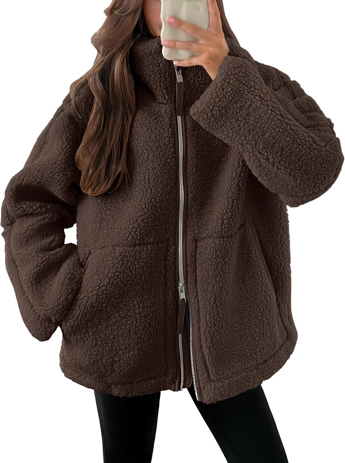 Women's Teddy Fleece Zip-Up Coat, Lapel Collar, Long Sleeves