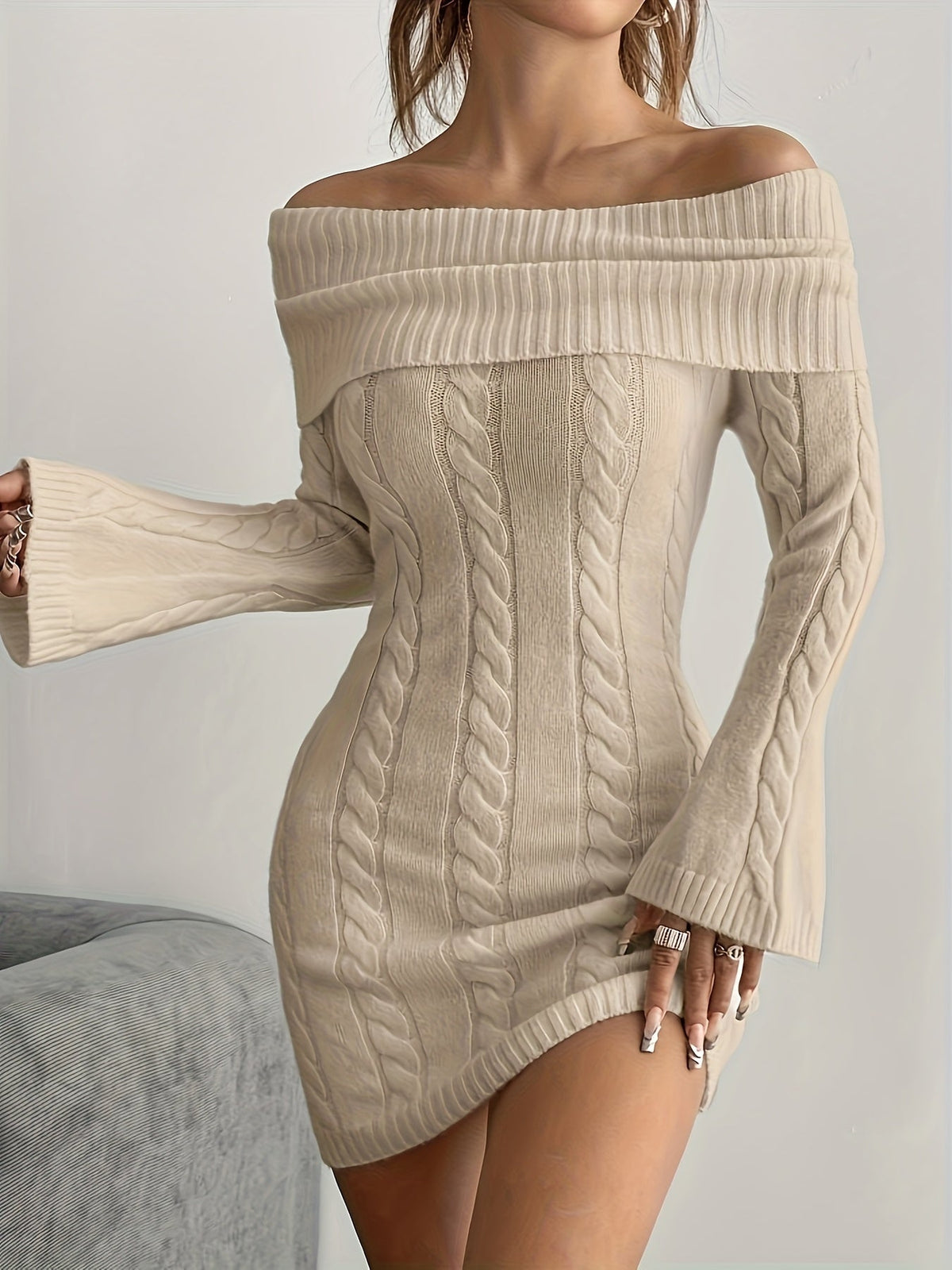 Women's Off Shoulder Knit Dress in Cable Texture | Foldover Collar and Flared Sleeves | Sizes S-2XL, 5 Colors