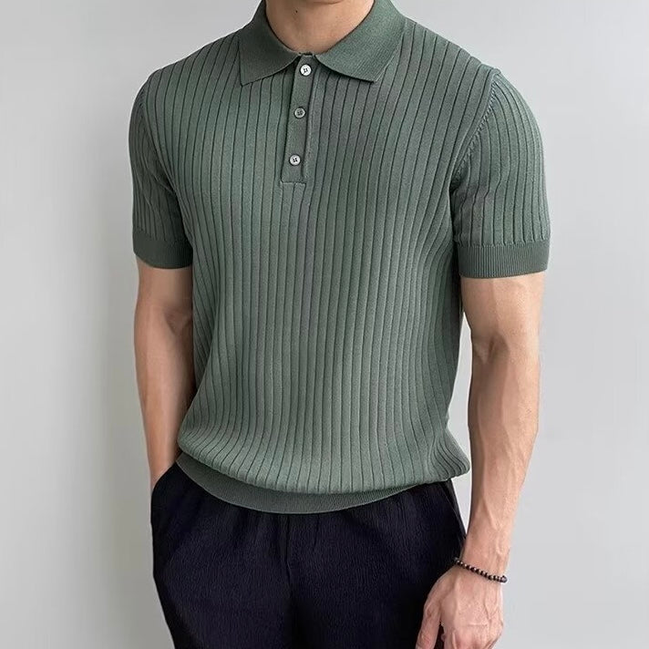 Men's Ribbed Knitted Polo Shirt, Short Sleeves, Button Placket