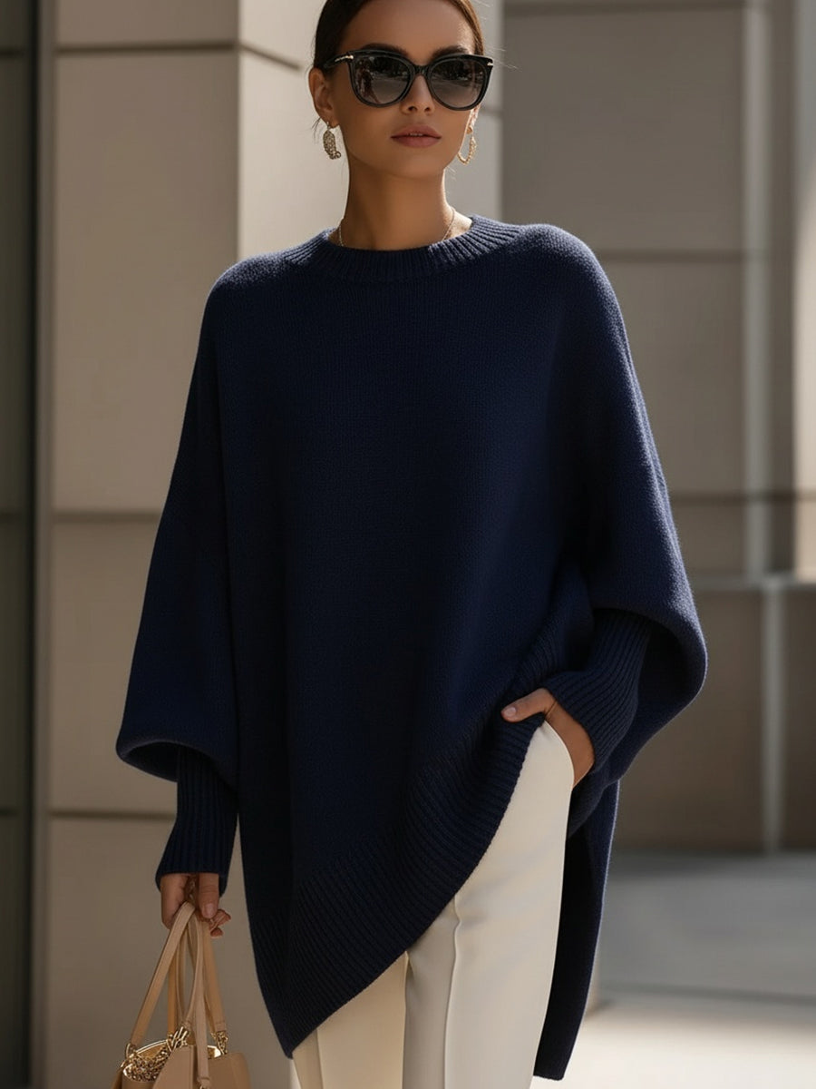 Lindsay | Womens Oversized Knit Poncho Sweater with Batwing Sleeves | Asymmetrical Hem, Round Neck | 7 Colors S-XL