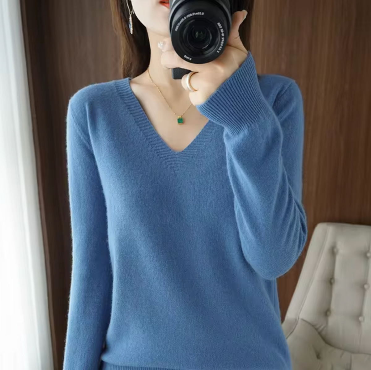 Sheena | Womens V-Neck Sweater with Cashmere Feel | Lightweight Soft Knit, Rib Cuffs | Blue, Pink, Black and More XS-XXXL