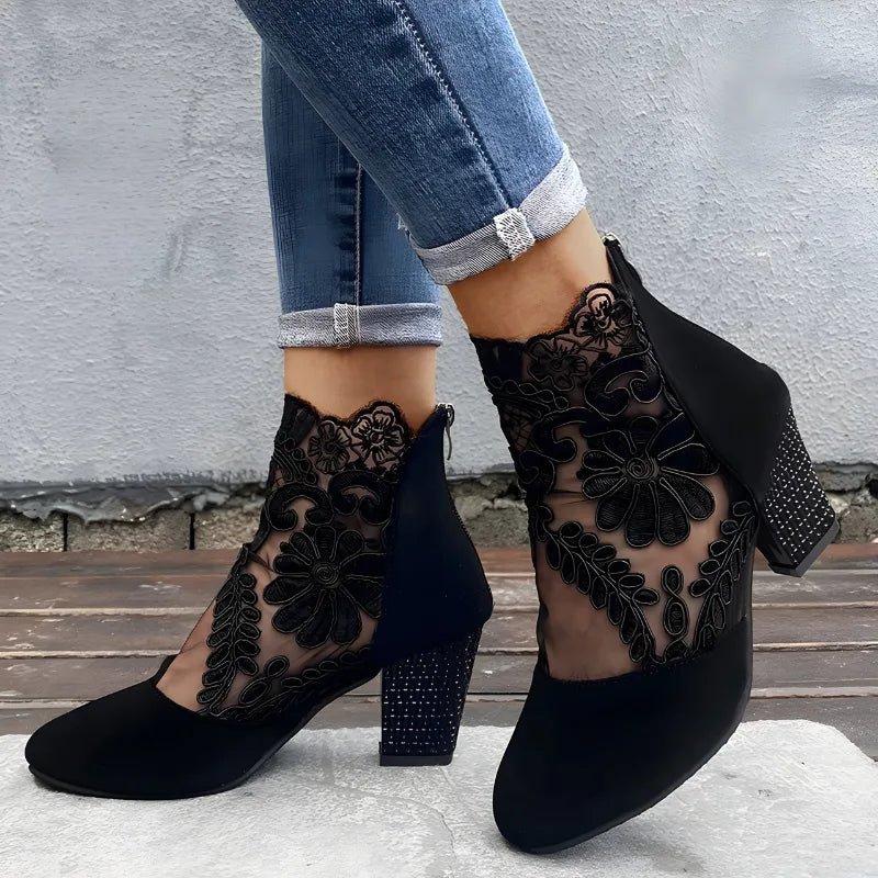 Women's Lace Overlay Ankle Boots with Block Heel