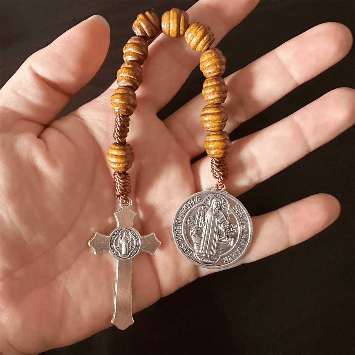 Saint Benedict | Natural Wood Pocket Rosary