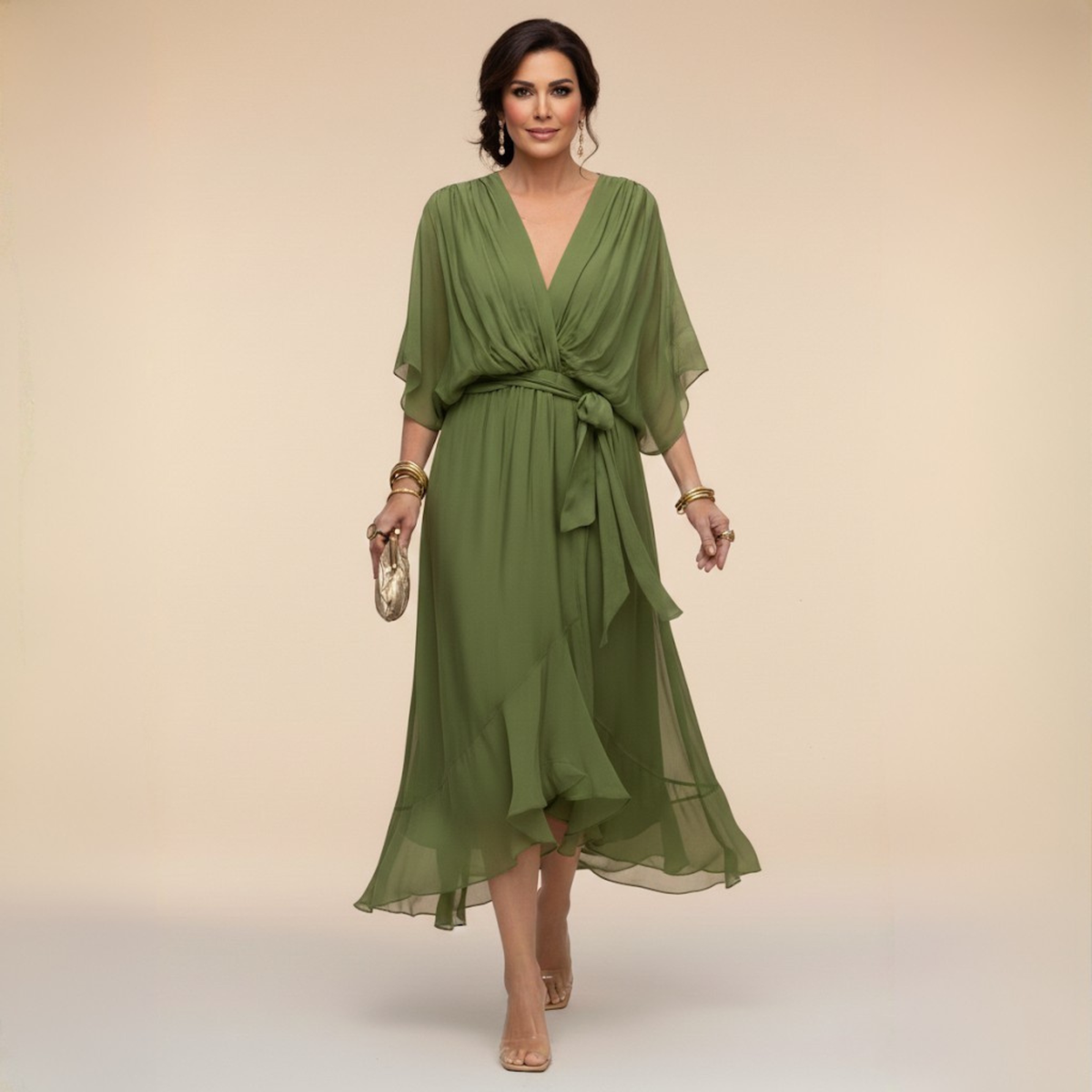 Women's V-Neck Summer Dress – Three-Quarter Sleeve Flowy Dress