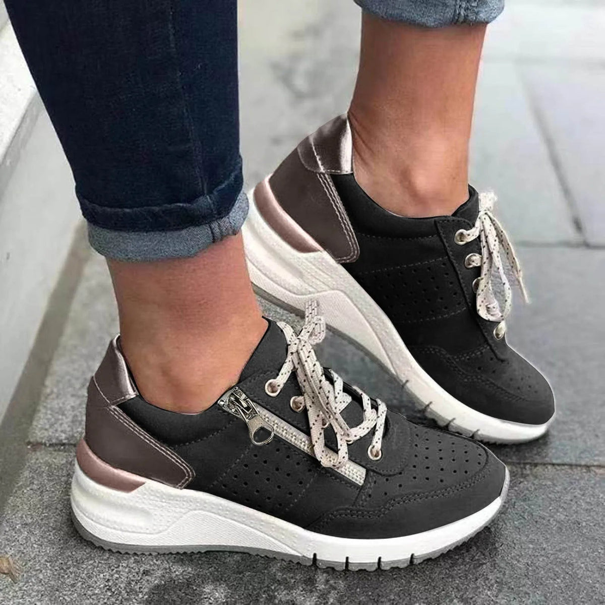 Women's Lace-Up Sneakers with Chunky Sole and Side Zip