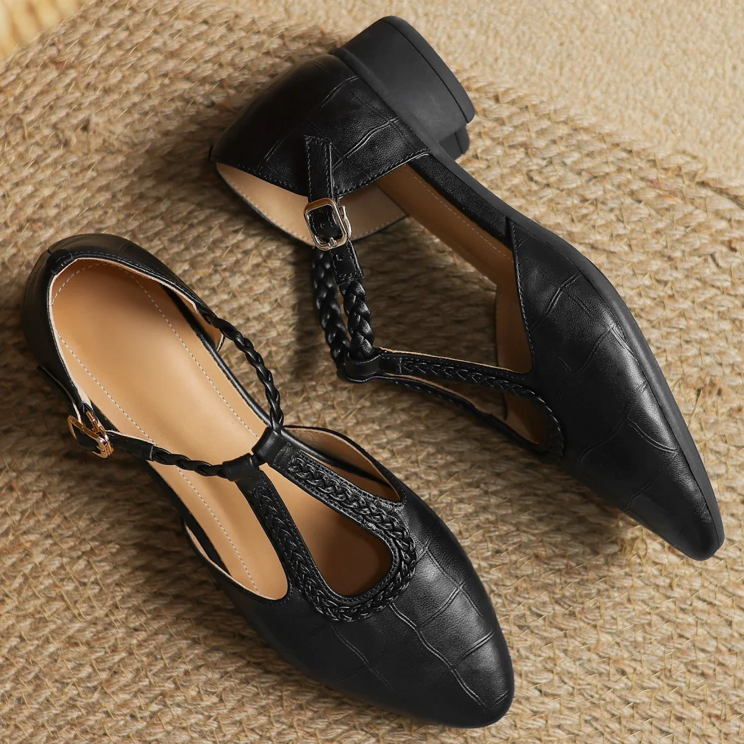 Women's Leather Mary Jane Ballet Flats | T-Strap Buckle, Tapered Toe and Cushioned Flat Sole | Size 5.5-8, Brown or Black