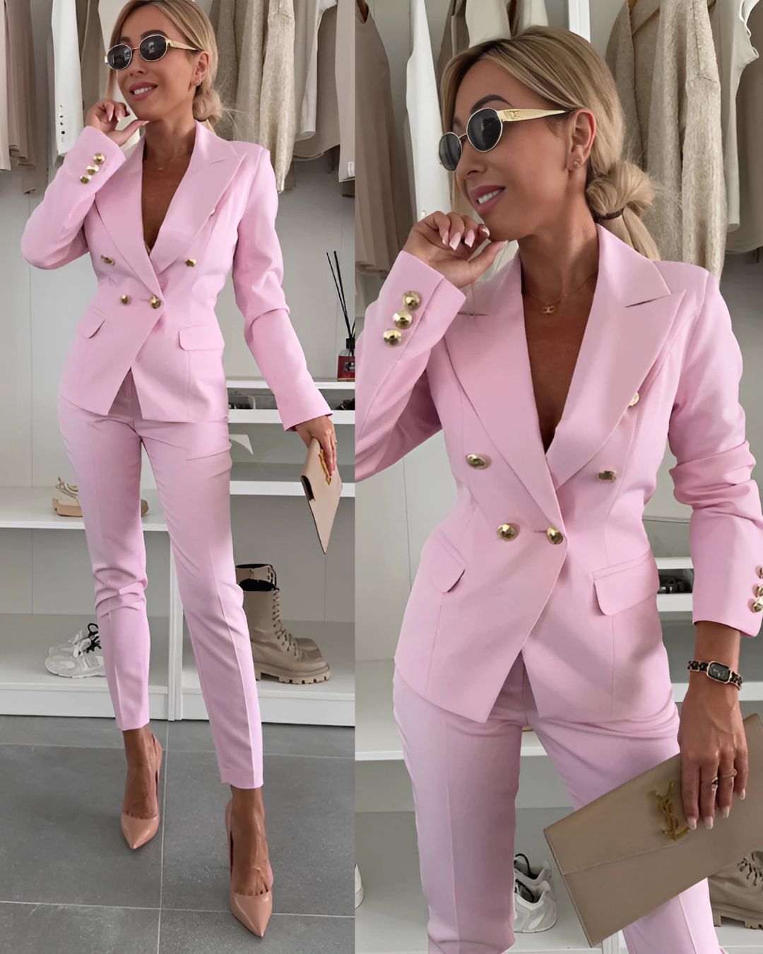 Women's Double-Breasted Trouser Suit, Tailored Blazer