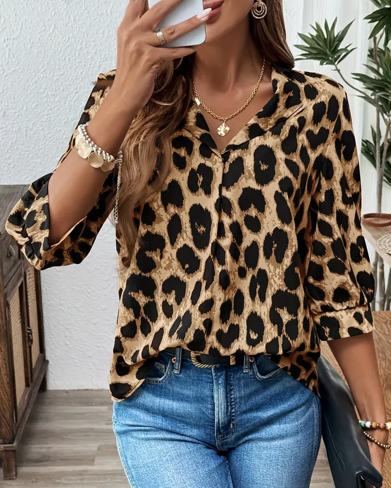 Women's Leopard Print Blouse, V-Neck, 3/4 Sleeves, Loose
