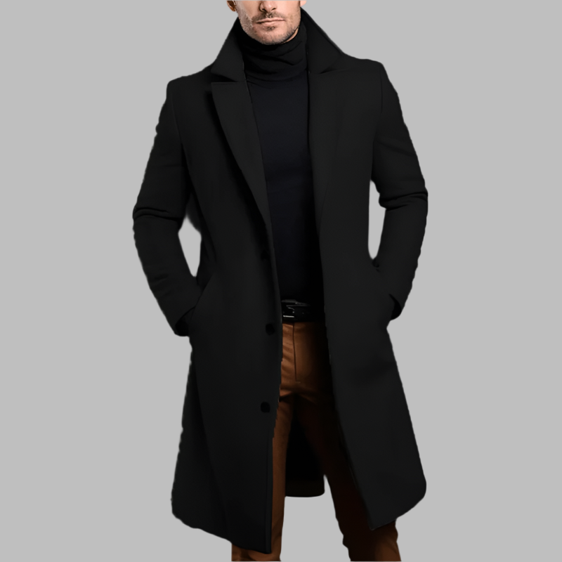 Men's Long Overcoat, Notched Lapels, Long Sleeves, Button Front