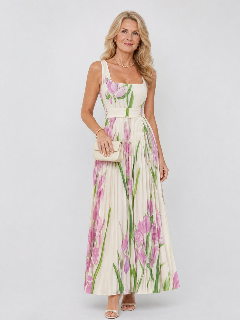 Satin midi dress with a square neckline and pleated skirt