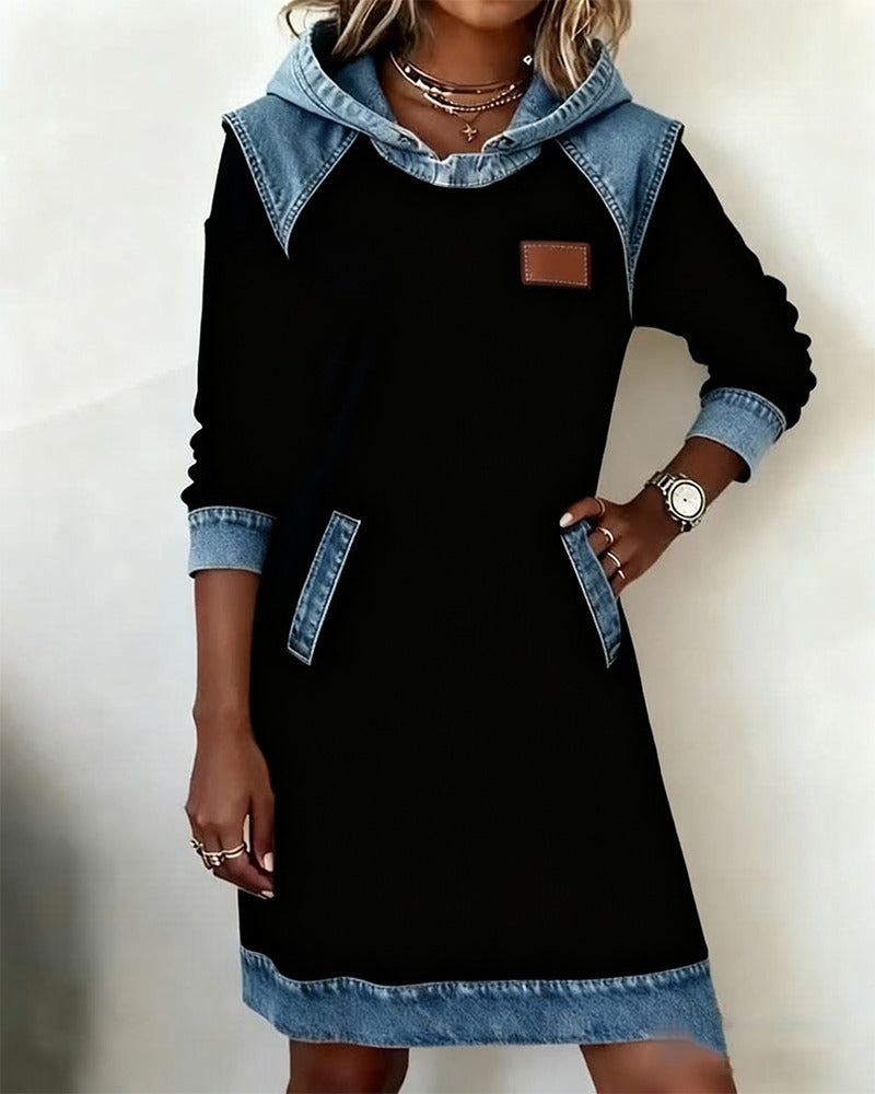 Women's Hoodie Sweatshirt Dress with Denim Trim Long Sleeve and Pockets