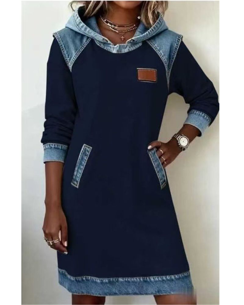 Women's Hoodie Sweatshirt Dress with Denim Trim Long Sleeve and Pockets