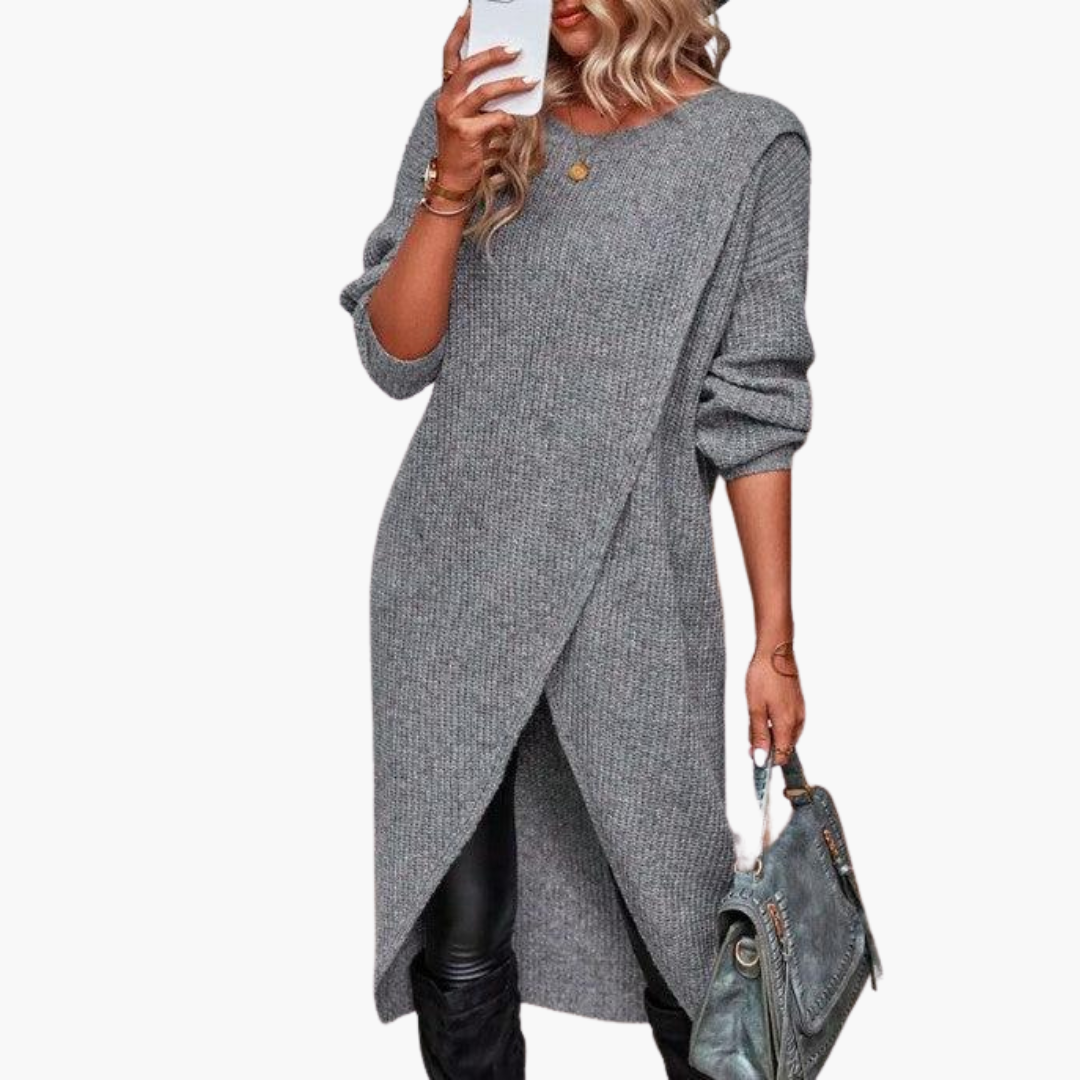 Women's Tunic Sweater Wrap Front Crew Neck Long Sleeve Knit Pullover