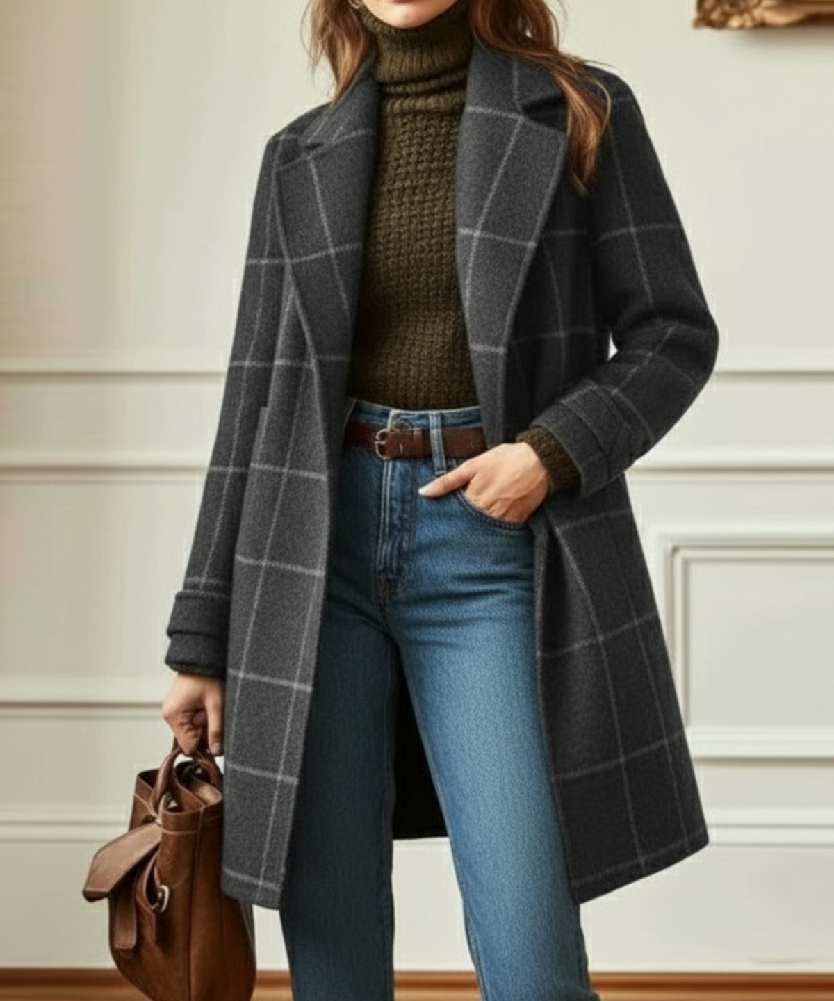 Julie | Womens Wool Blend Check Coat with Lapel Collar | Tweed Texture, Lined | Dark Green or Gray Sizes S-5XL