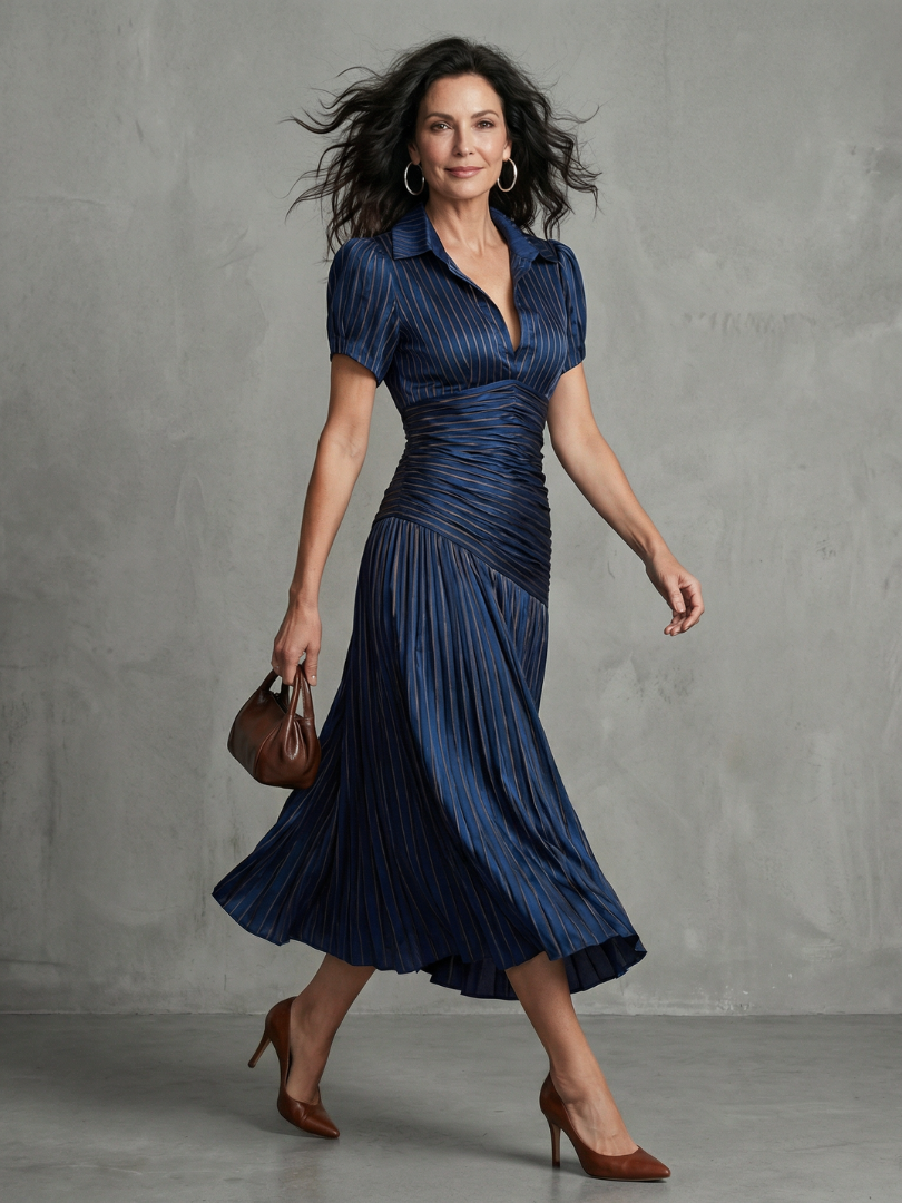 Theodora | Pleated Waist Striped Midi Dress™