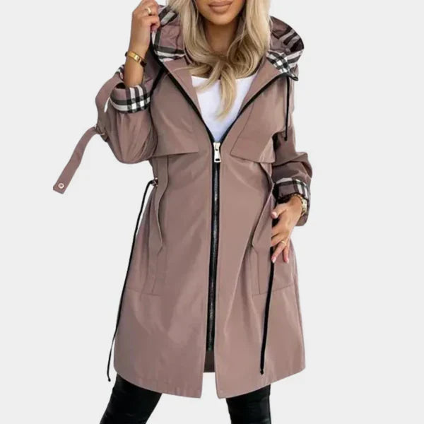 Women's Lightweight Hooded Trench Coat with Belted Waist | Weather-Resistant, Zip Front, Deep Pockets | Size S-3XL