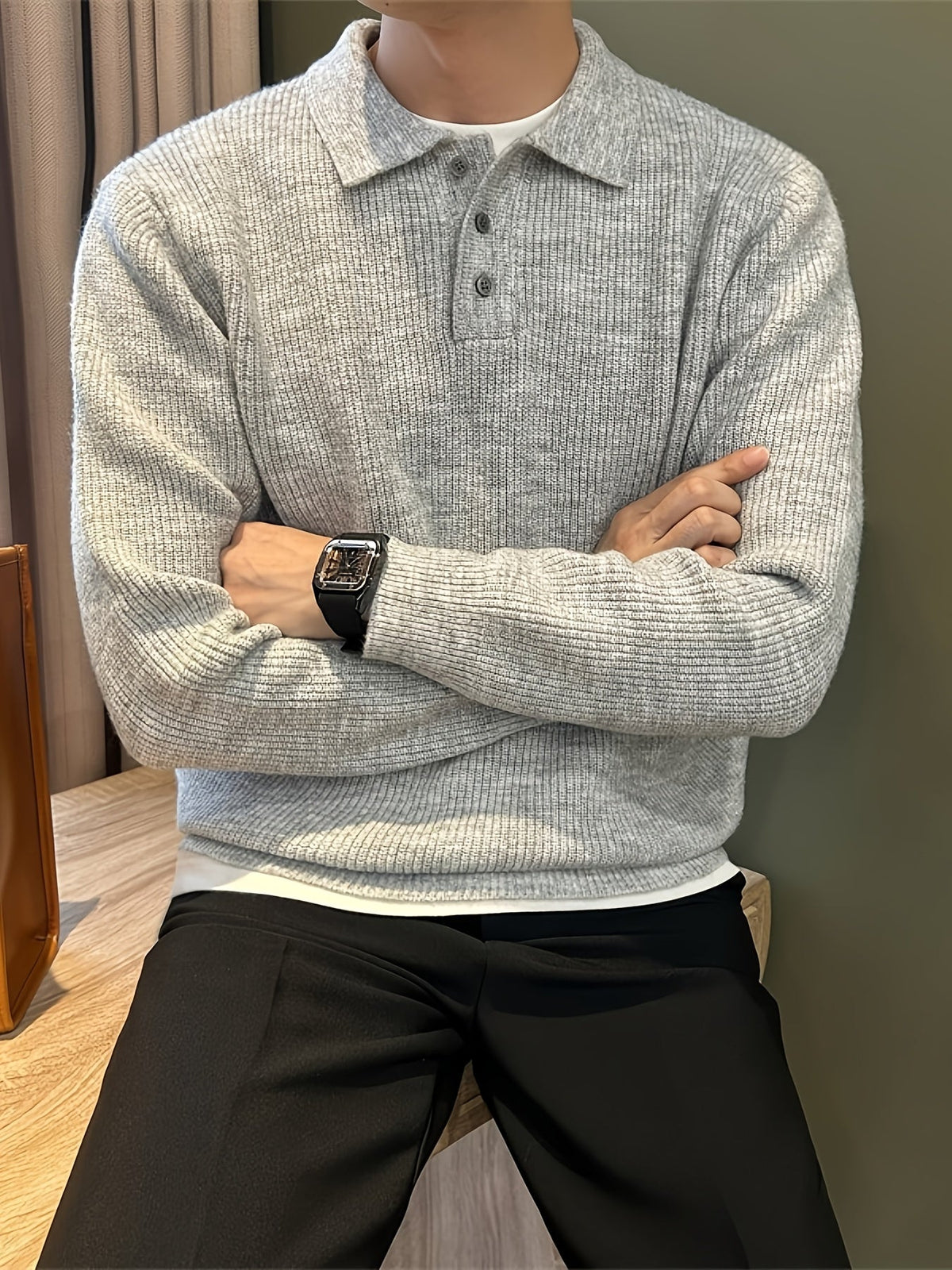 Men's Ribbed Knit Polo Sweater, Long Sleeve, Button Placket
