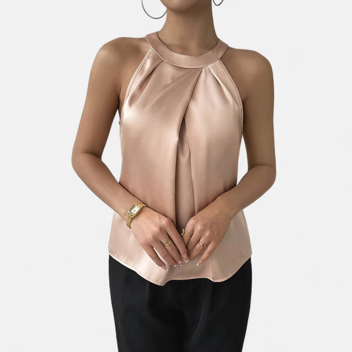 Kimberly | Women’s Elegant Pleated Front Draped Satin Tanks