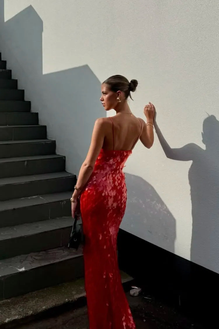 Women's Red Sequin Evening Dress with an Open Back