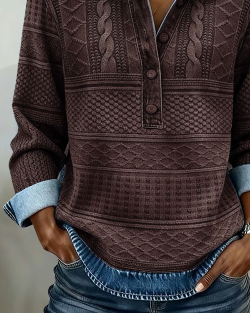 Kristen | Womens Cable Knit Sweater with Collar and Button Neckline | Relaxed Fit, Long Sleeves | Blue, Gray, Brown S-3XL
