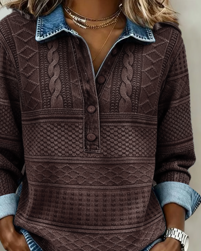 Kristen | Womens Cable Knit Sweater with Collar and Button Neckline | Relaxed Fit, Long Sleeves | Blue, Gray, Brown S-3XL