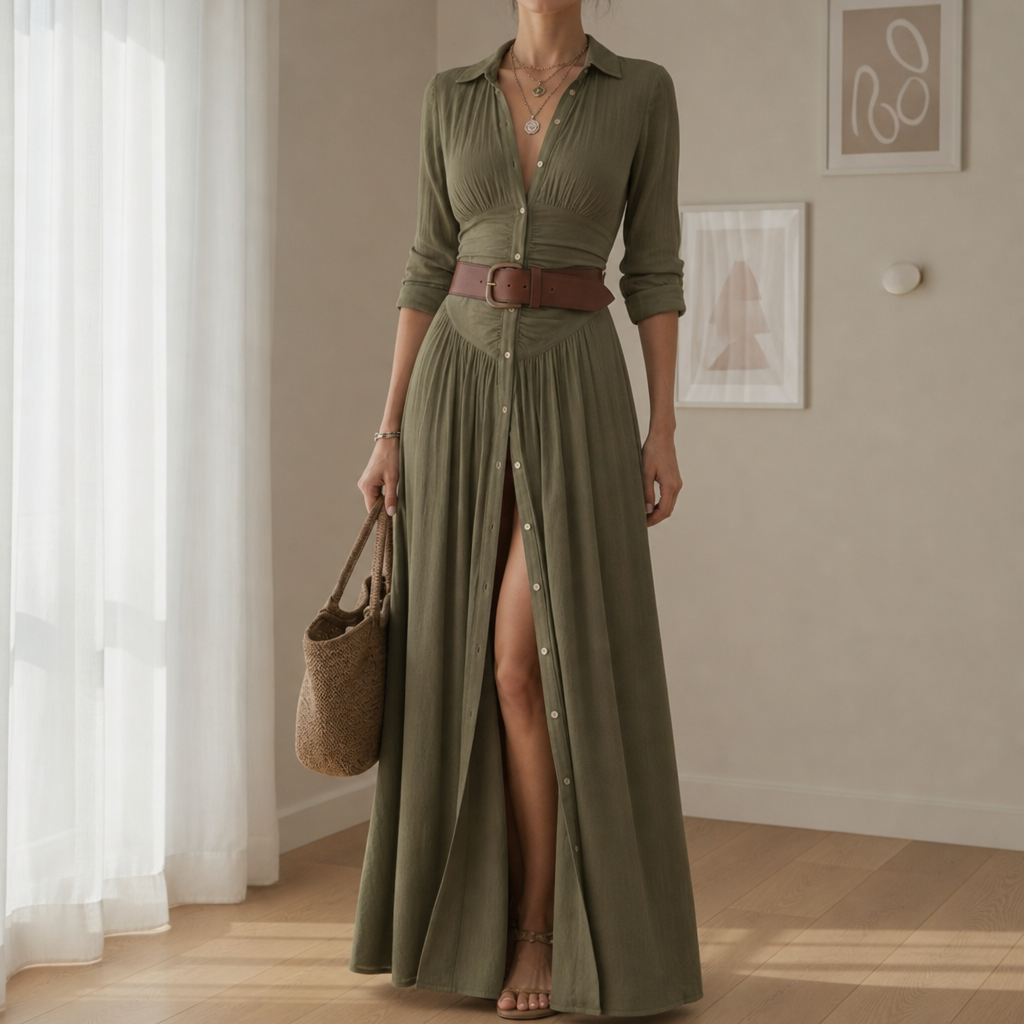 Milos Belted Button-Front Maxi Dress