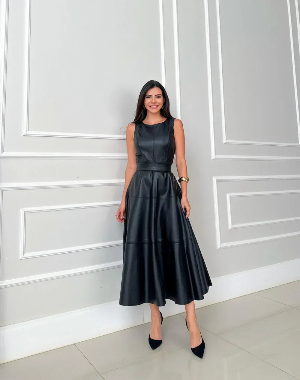 Tanya – Sleek Faux Leather Midi Dress