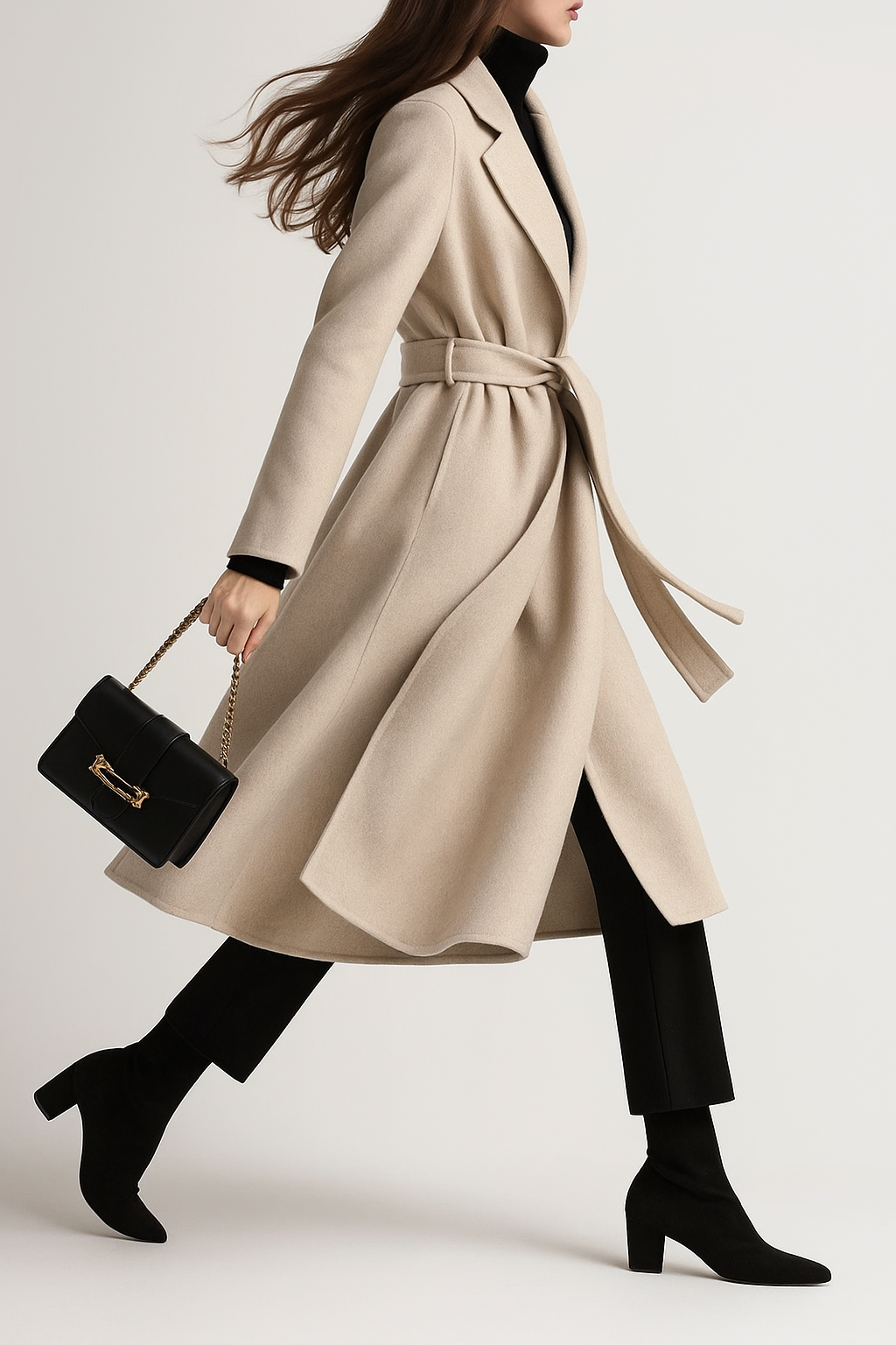 Claire | Womens Belted Wool Coat in Midi Length | Cinched Waist, Warm Without Bulk | Vintage, Ivory, Black S-XL