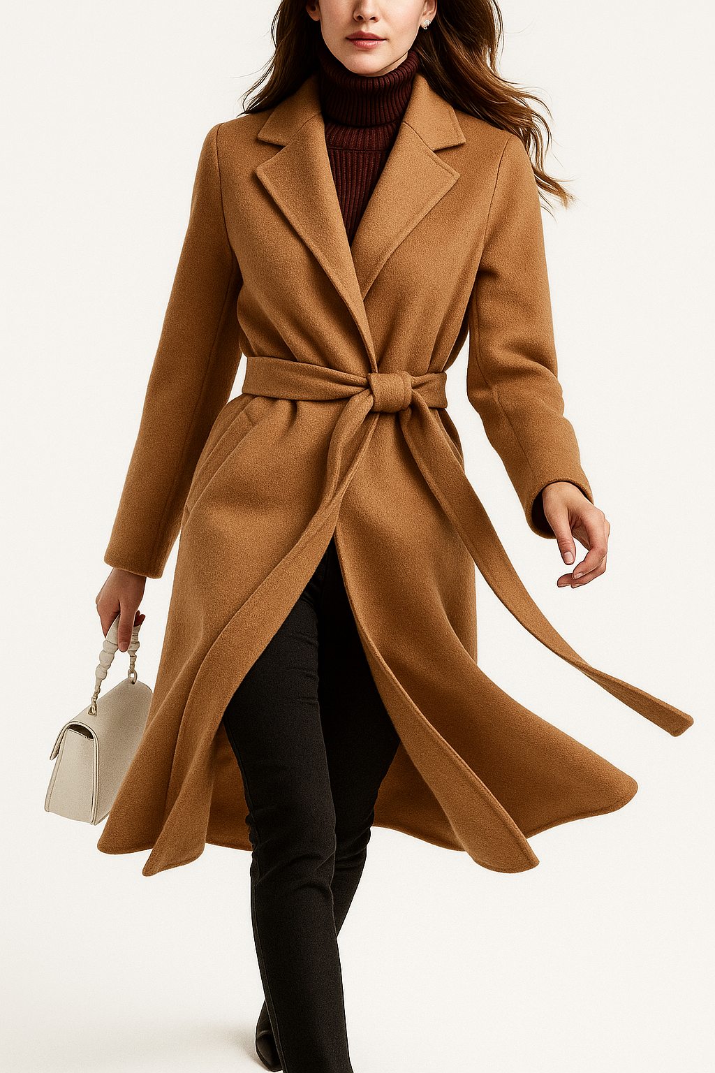 Claire | Womens Belted Wool Coat in Midi Length | Cinched Waist, Warm Without Bulk | Vintage, Ivory, Black S-XL