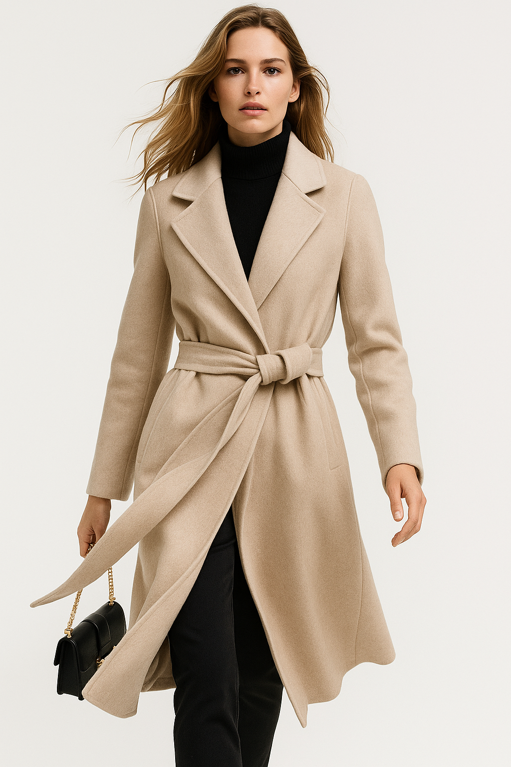 Claire | Womens Belted Wool Coat in Midi Length | Cinched Waist, Warm Without Bulk | Vintage, Ivory, Black S-XL