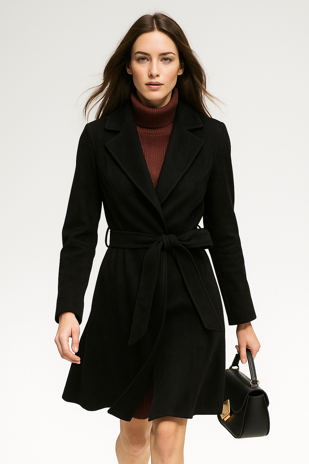 Claire | Womens Belted Wool Coat in Midi Length | Cinched Waist, Warm Without Bulk | Vintage, Ivory, Black S-XL