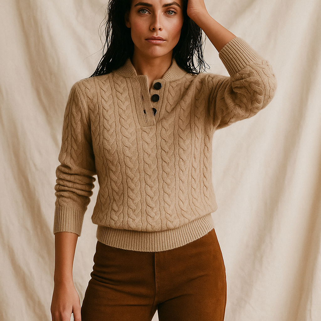 Arden | Womens Button-Up Cable Knit Sweater | Wool Cashmere Blend, Stand Collar | Olive, Khaki and More XS-2XL