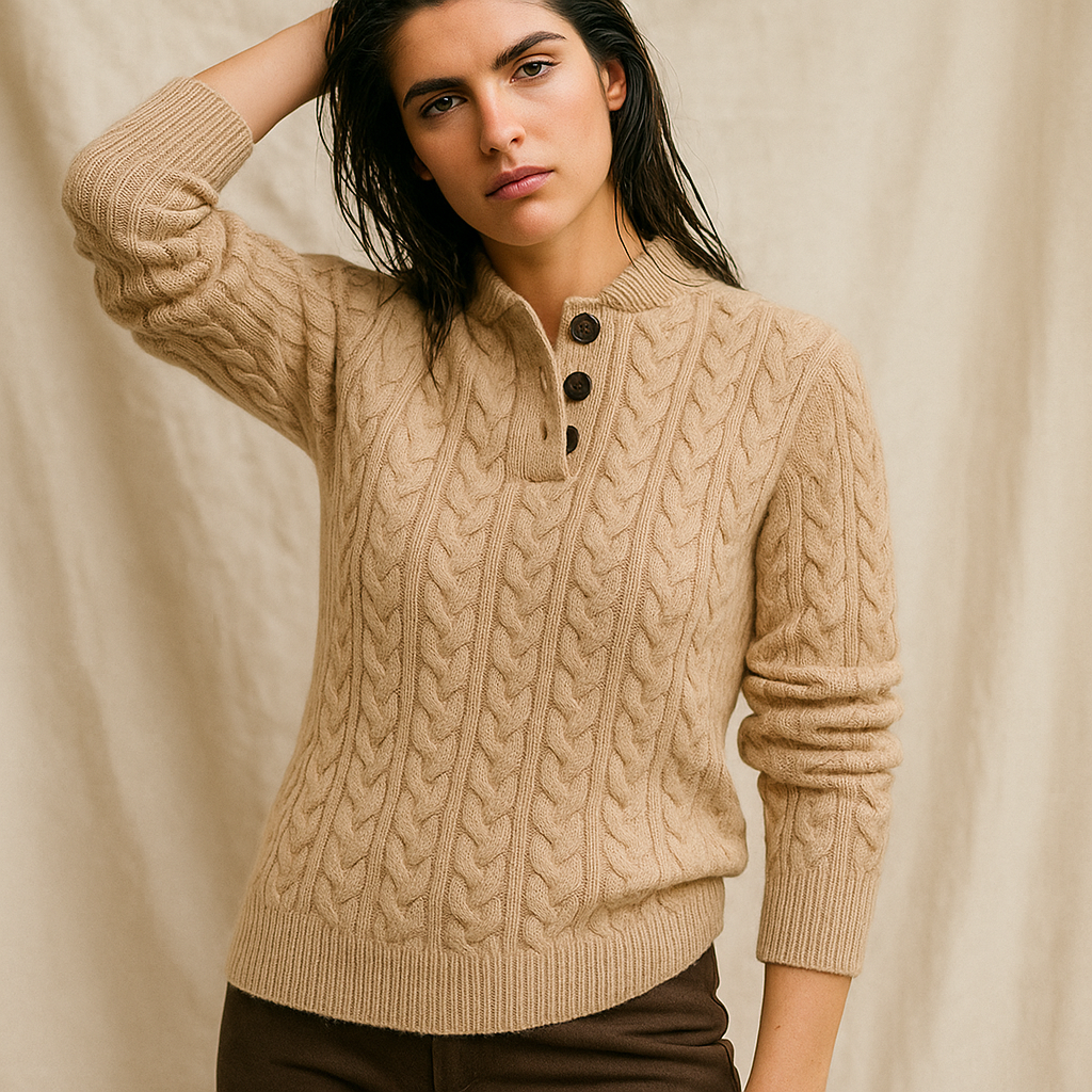 Arden | Womens Button-Up Cable Knit Sweater | Wool Cashmere Blend, Stand Collar | Olive, Khaki and More XS-2XL