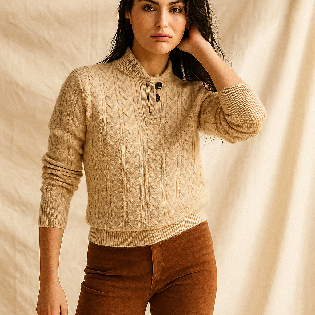 Arden | Womens Button-Up Cable Knit Sweater | Wool Cashmere Blend, Stand Collar | Olive, Khaki and More XS-2XL